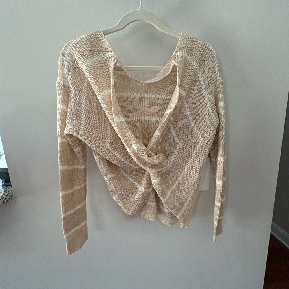 Miami from Francesca’s V-Neck Sweater - Tan & White Stripes open back with knot